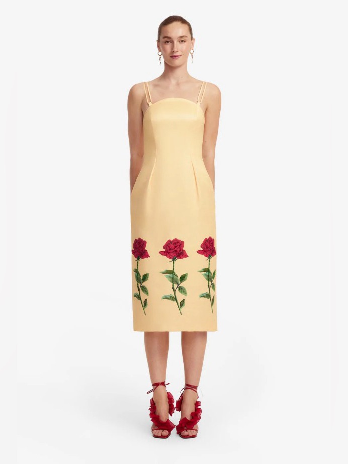 Leo Lin Polina Butter Hand Embellished Red Rose Midi Dress Au8/Us4 Nwt